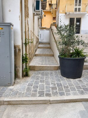 Un callejón estrecho con escalones de piedra que conducen a la entrada de un edificio, una planta grande en maceta y algunos armarios de servicios.