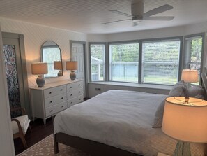 A bedroom with a bed, two bedside lamps, a dresser, a mirror, and a window with blinds.