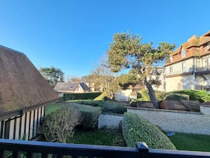 Ein Wohngebiet mit Häusern, einem großen Baum und gepflegten Hecken.
