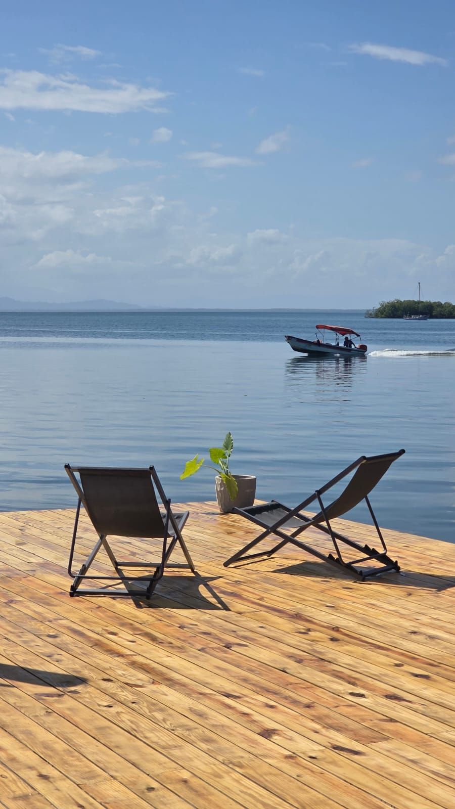 Una terraza de madera con dos sillas plegables y una planta en maceta, con vista a aguas tranquilas y un barco a lo lejos.