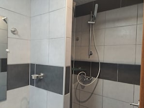 A bathroom with a shower, a toilet, and a mirror.