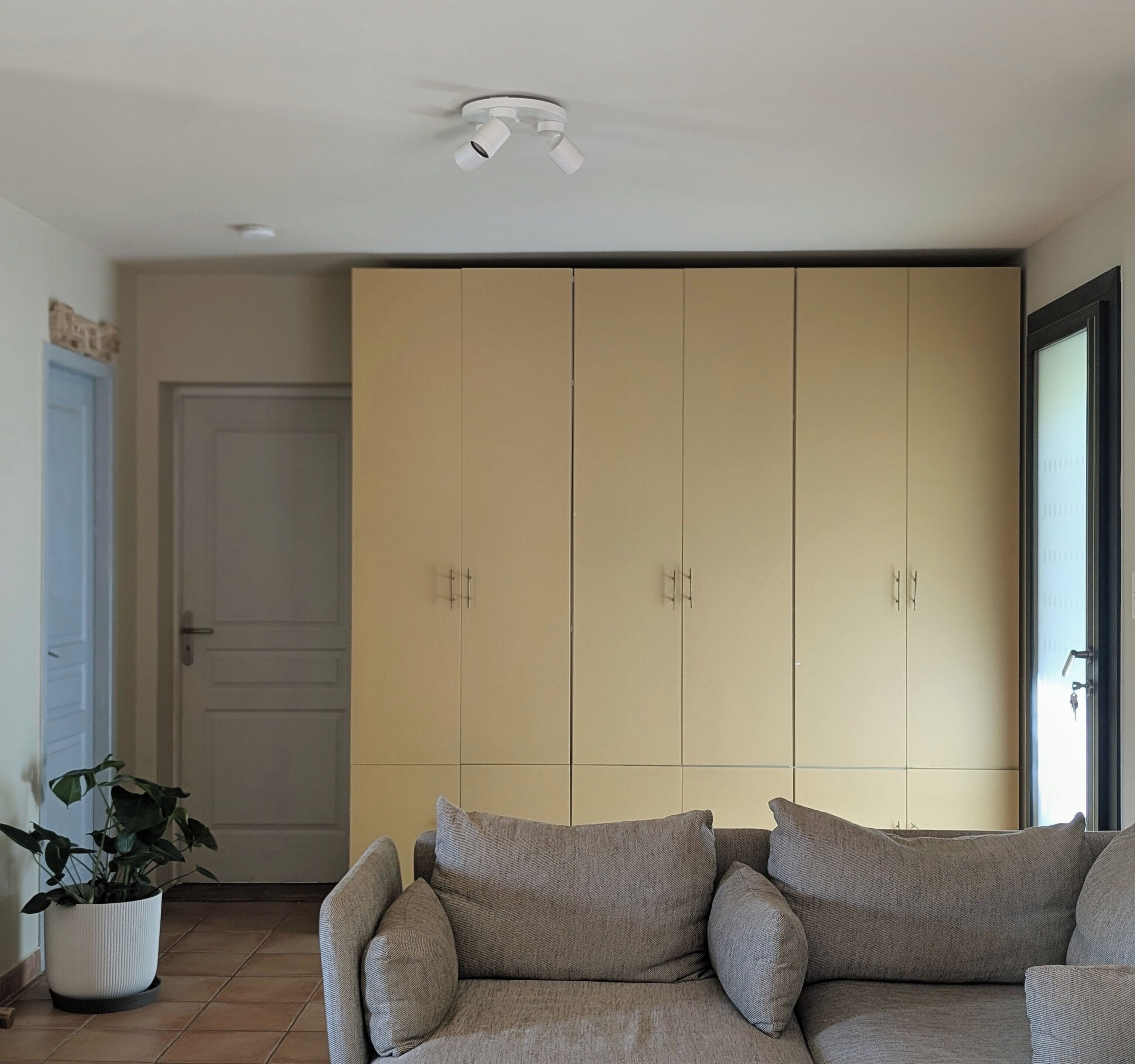 A room with a beige sofa, a potted plant, and a wardrobe.