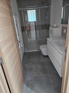 Une salle de bain avec une douche, des toilettes et un lavabo.