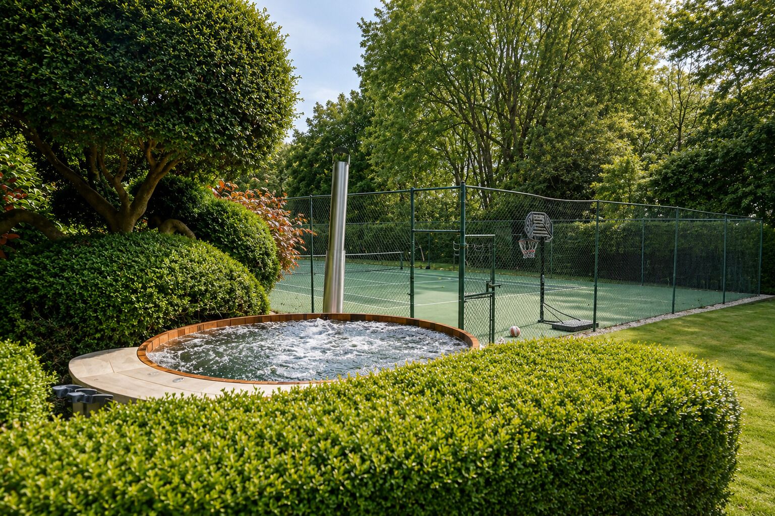 A hot tub surrounded by well-maintained hedges and trees, with a basketball court in the background.
