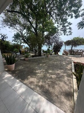 A paved outdoor area with potted plants and a view of a body of water. - Orika del Mar  (Rosario Islands)