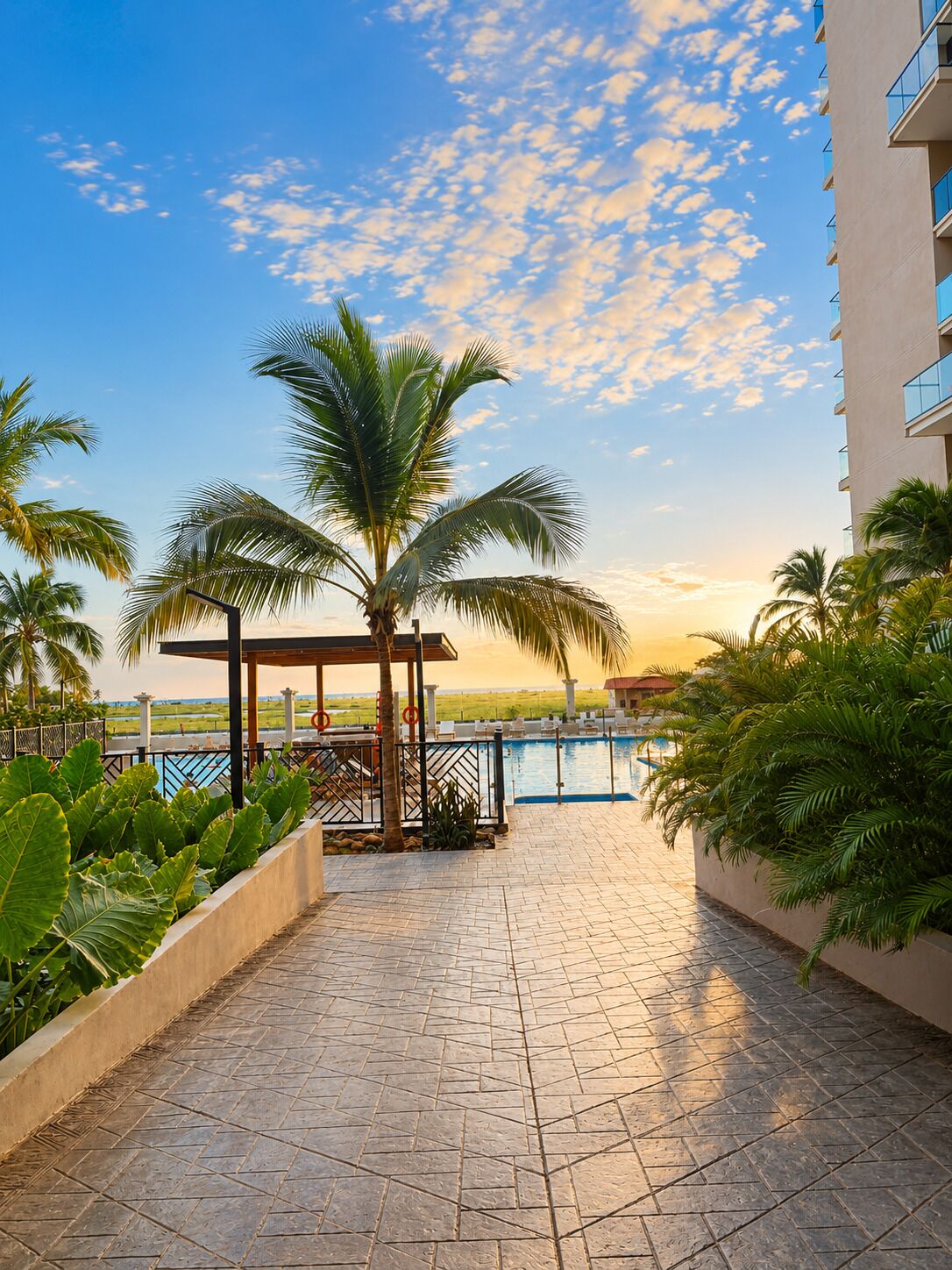 Zona de piscina en la azotea con una palmera, un pabellón y vistas al océano.