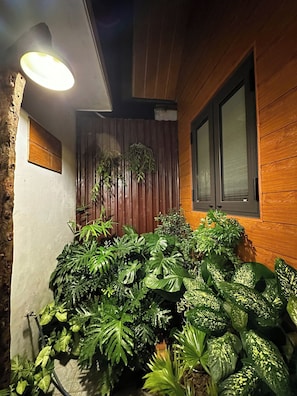 A wooden exterior wall with a window, a door, and a potted plant arrangement.