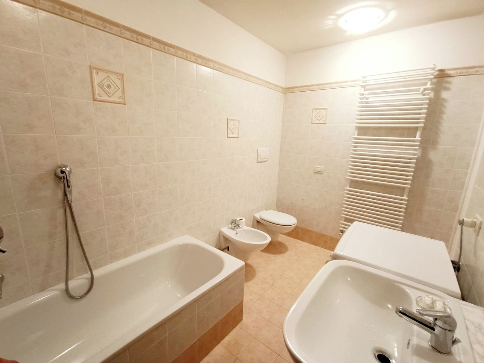 Hair dryer, bidet, towels, soap