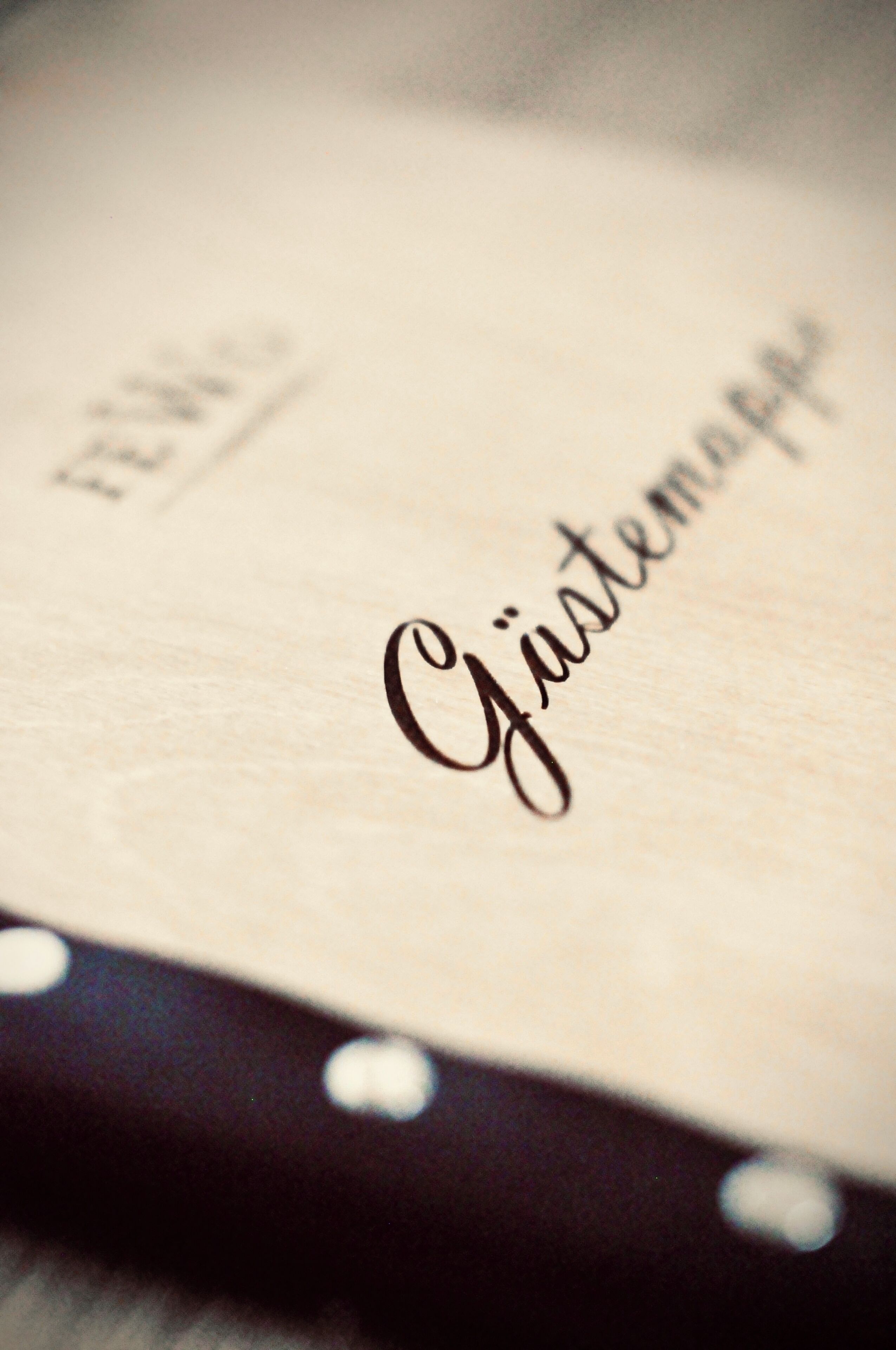 Primer pla d'una superfície de fusta amb el text 'Gästemappe' visible.