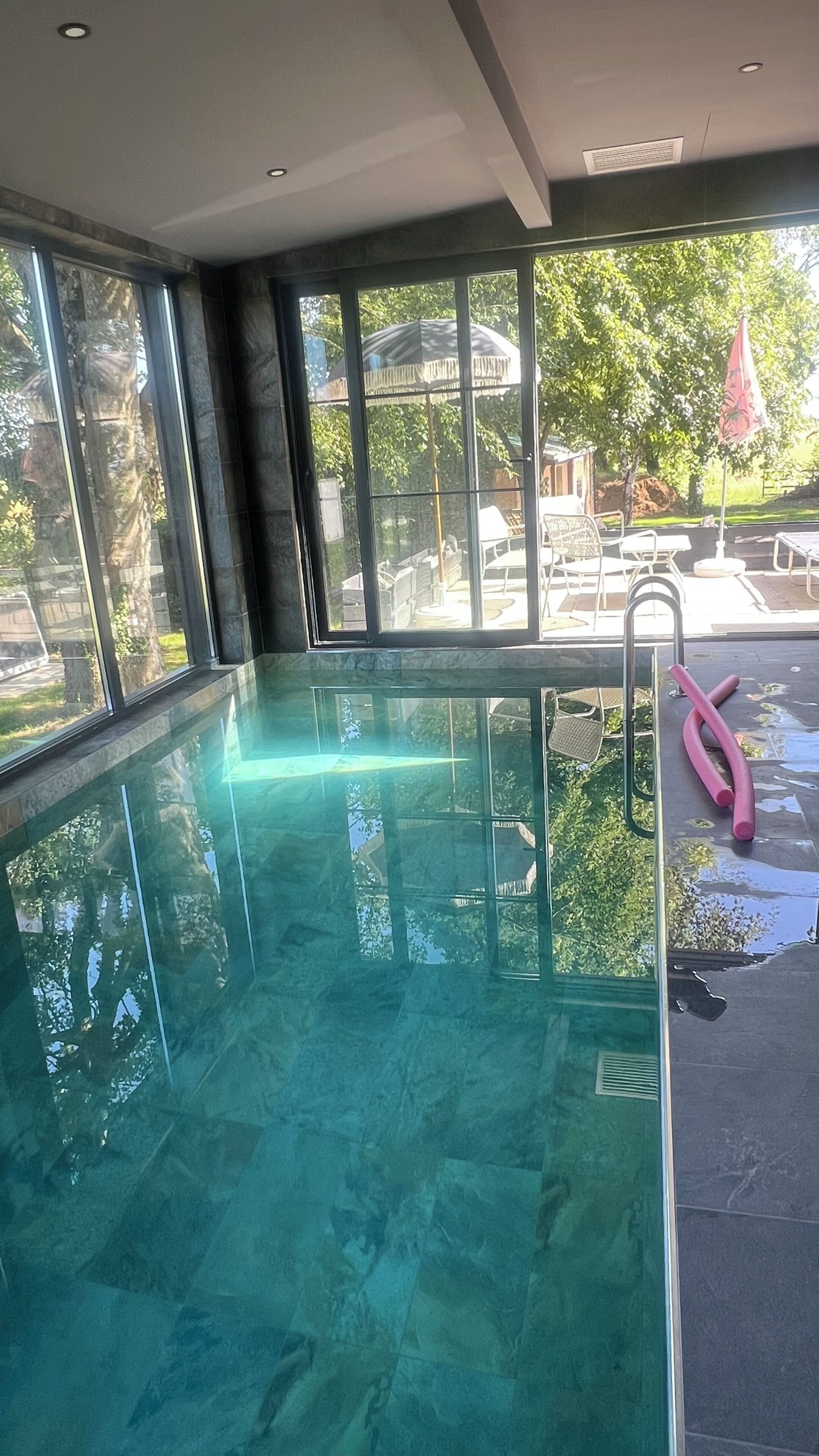 A clear indoor swimming pool with a glass barrier, a metal ladder, and a view of outdoor patio furniture and trees.