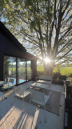 Un espace extérieur aménagé avec des chaises et des tables en métal, un grand arbre et une vue sur le paysage.