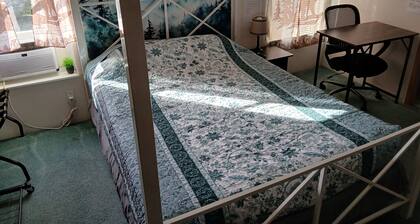 Spacious bedroom with attached private bathroom. Off-street parking. Dog yard.