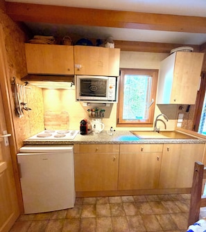 A compact kitchen with a refrigerator, microwave, stove, and wooden cabinets. - Chalet ideally located on the shores of Lake Annecy (Doussard)