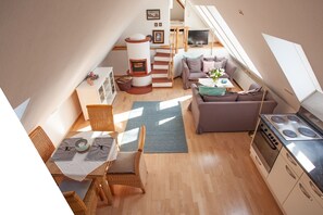 A compact living space with a kitchen, dining area, and seating area, featuring a loft bedroom with a TV and a fireplace. - The vacation apartment in beautiful natural surroundings Relax, unwind and feel good (Hinterzarten)
