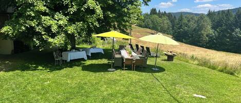 Et grønt udendørsområde med et bord dækket under en gul parasol, omgivet af træer.