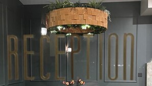A reception area with a modern design, featuring a brick planter hanging from the ceiling, two dark green sofas, a small table with a vase of flowers, and a patterned rug on the floor.