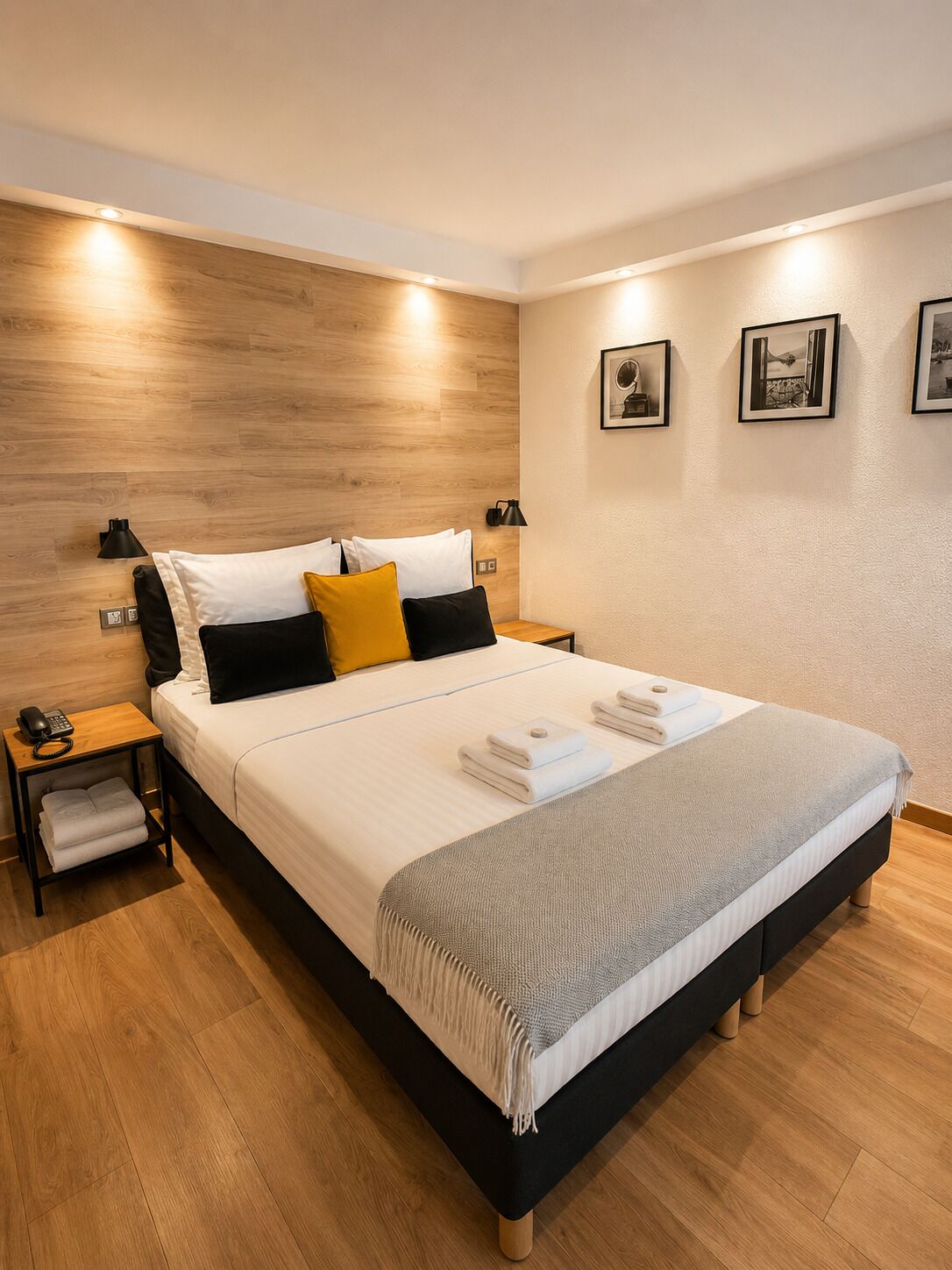 Une chambre d’hôtel moderne avec un grand lit, des tables de chevet, un téléphone et une lampe fixée au mur.
