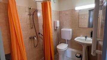Un baño con ducha, inodoro, lavabo y una silla.