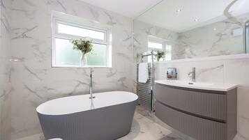 Shower, hair dryer, towels, shampoo