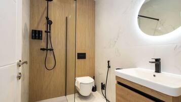Shower, hair dryer, towels, shampoo