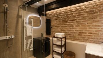 Shower, hair dryer, towels