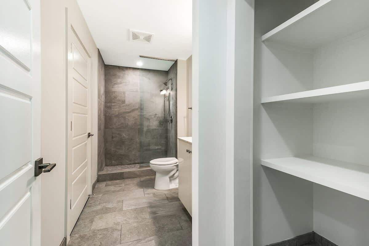 A bathroom with a shower, toilet, and a walk-in closet.