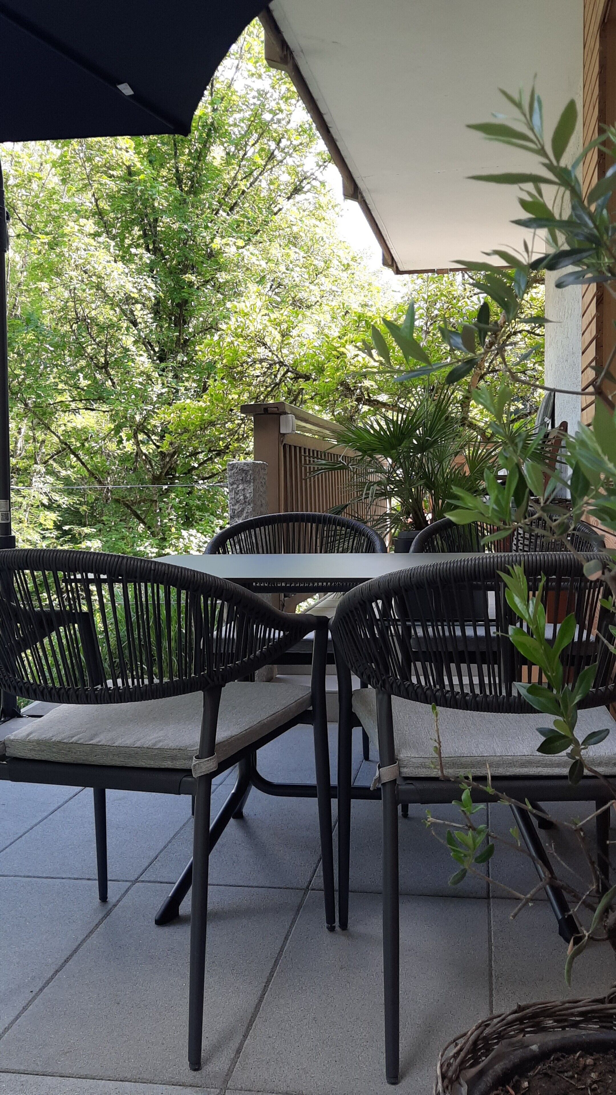 An outdoor patio area with a table and chairs, surrounded by greenery and a building.