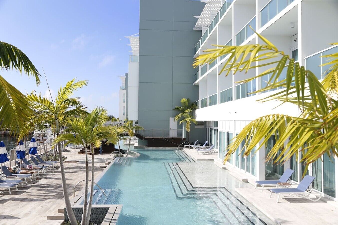A swimming pool with lounge chairs and palm trees, surrounded by a modern building.
