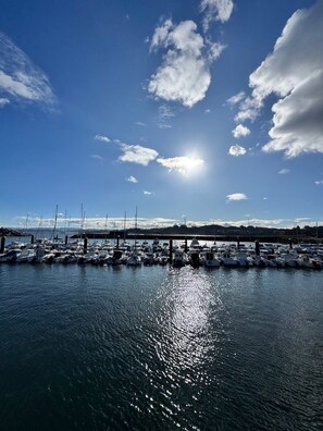 Un puerto deportivo con barcos amarrados, cielo despejado y un puente al fondo.