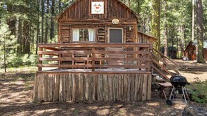 A rustic cabin with a wooden deck, a front door, and a small porch.