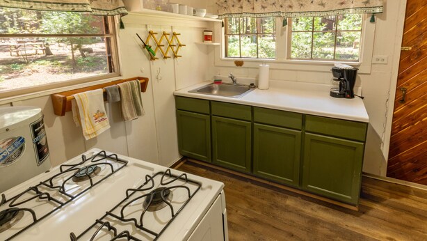 A kitchen with a gas stove, a sink, green cabinets, and a window with a view of greenery.