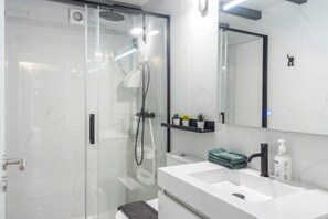 Ein modernes Badezimmer mit einer in Glas abgeschlossenen Dusche, einem weißen Waschbecken, einem Spiegel und einem Ablagefach mit Toilettenartikeln.