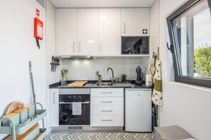 Eine kompakte Küche mit weißen Schränken, einem Herd, einer Spüle und einem Fenster mit Blick.