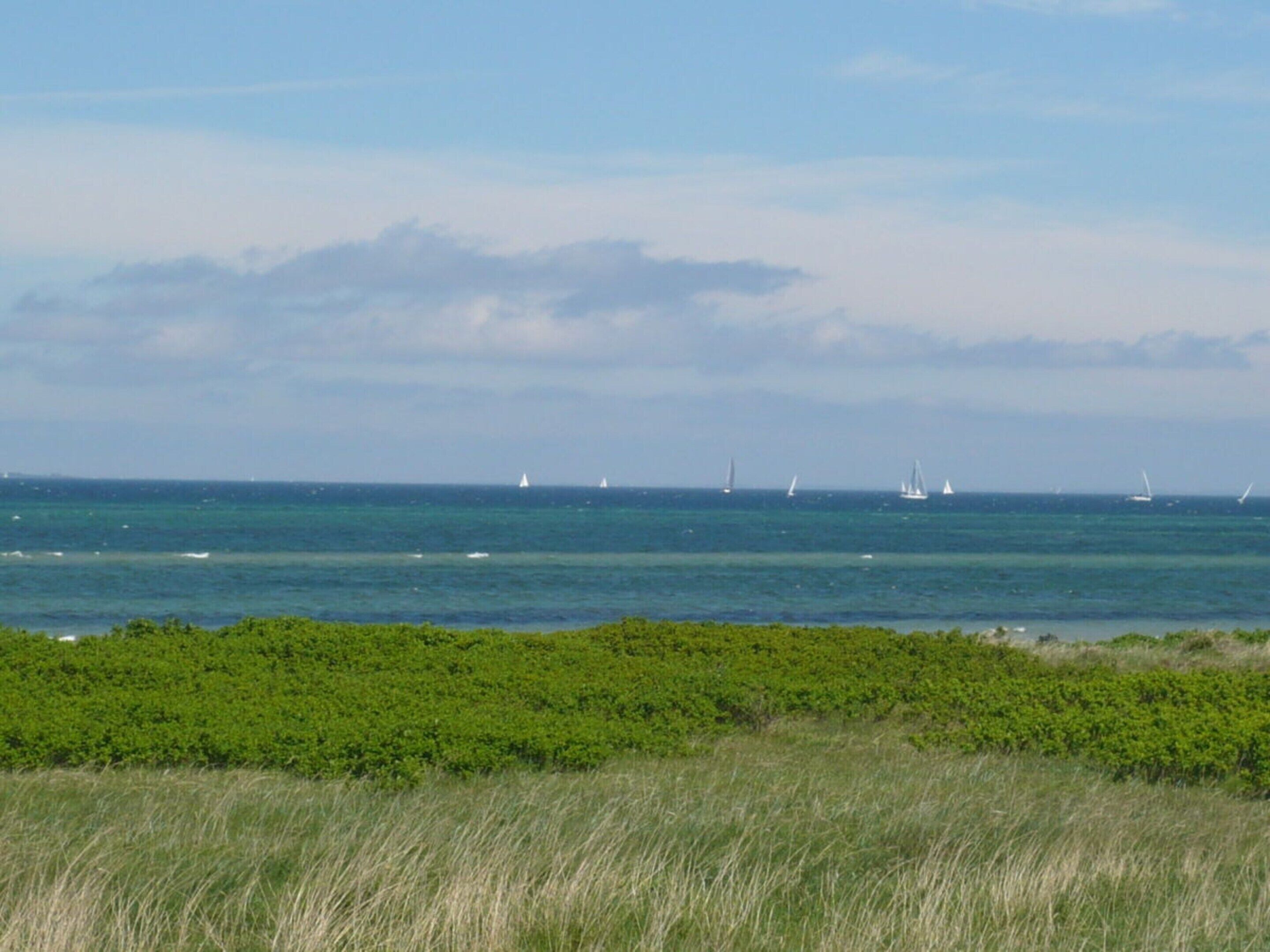 Paisaje costero con vista al mar y veleros.