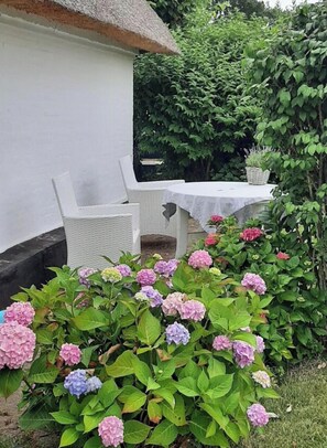 Eine Terrasse mit Korbmöbeln, einem Tisch mit Tischdecke und Hortensienbüschen.