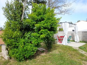 A garden with a large bush, a patio with red and green chairs, and a white structure.
