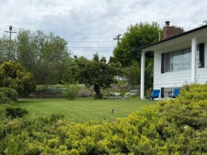 Una casa con un césped cuidado, un árbol y un cielo despejado.