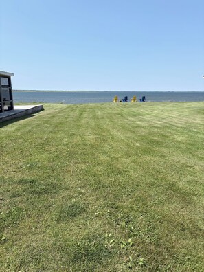 A grassy area with a view of the water, a small building, and several Adirondack chairs.
