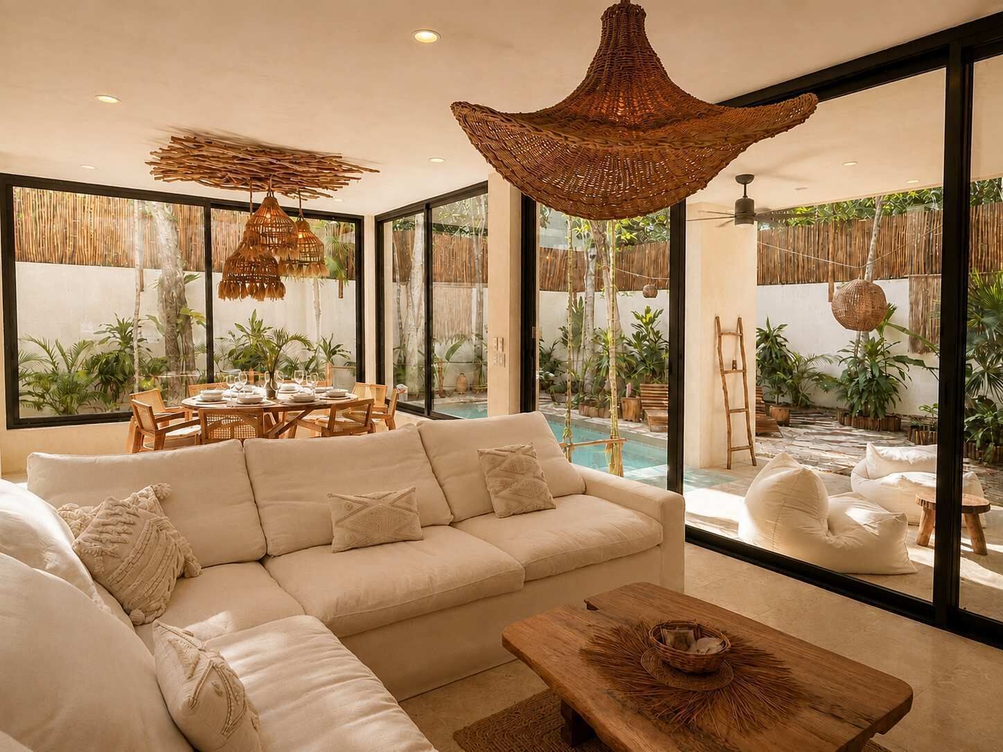 A modern living room with a sofa, dining table, and a view of an outdoor pool area.