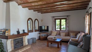 Uma sala de estar com lareira, televisão, sofá e mesa de centro.