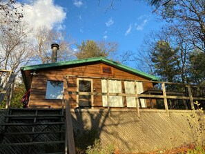 A wooden cabin with a green roof, a chimney, and a window with curtains. - Baysong Cottage, with Sauna, on Georgian Bay. (MacTier)