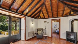 A room with a tiled floor, a wooden ceiling, a sofa, a small table, a radiator, and a fireplace. - Apartment 'Tocando El Cielo' with Mountain View, Private Terrace and Wi-Fi (Barrial de Arriba)