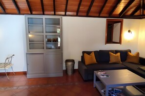 Un salon comprenant un canapé, une table basse, un meuble avec des portes en verre, une poubelle et un miroir fixé au mur.