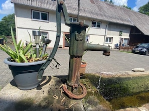 An outdoor water pump with a potted plant nearby, a building in the background, and a car parked to the side.