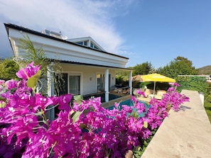 Ein modernes Haus mit Schwimmbecken, umgeben von leuchtend rosa Blumen.