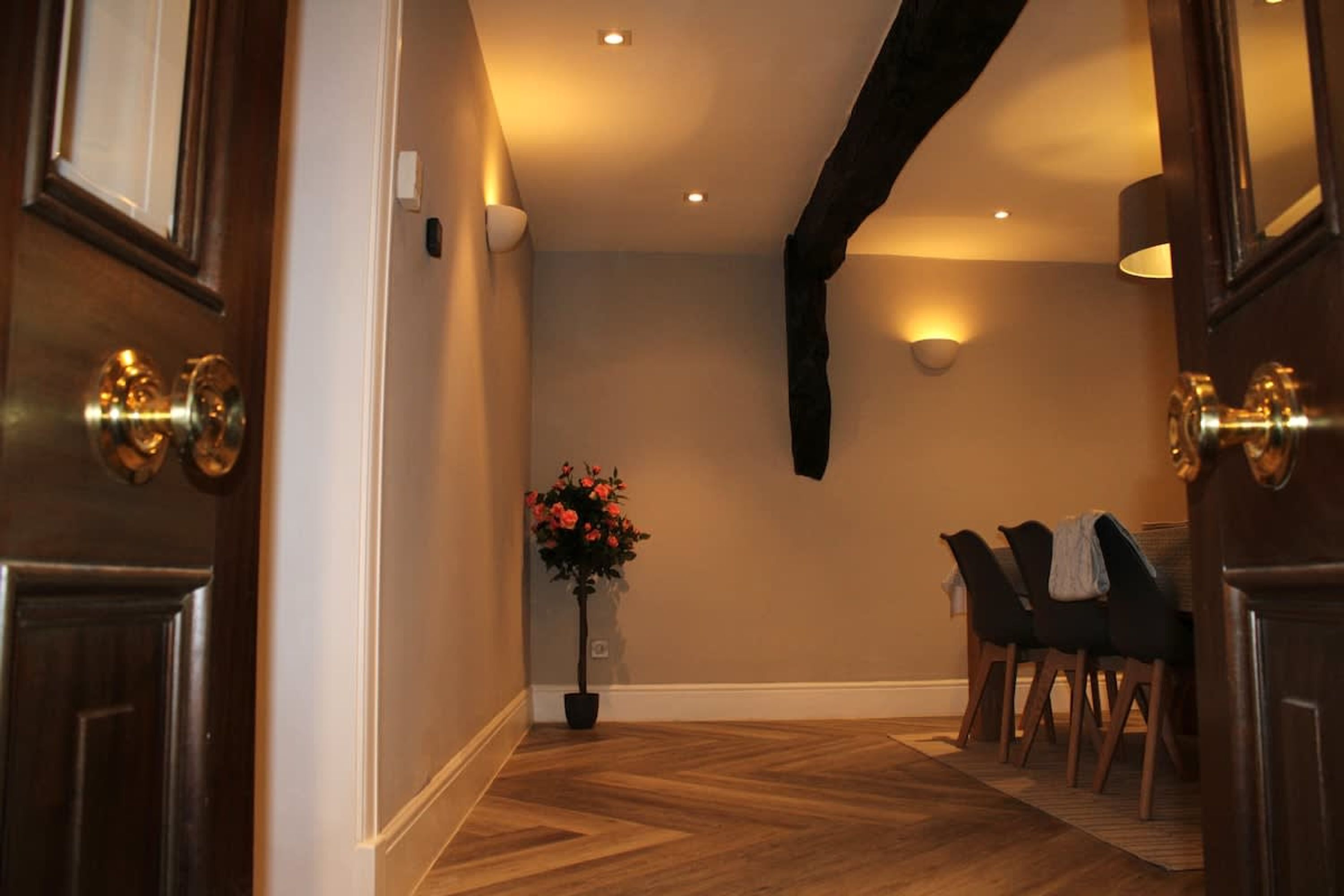 A hallway with wooden doors, a potted plant, and a dining area with chairs and a table.