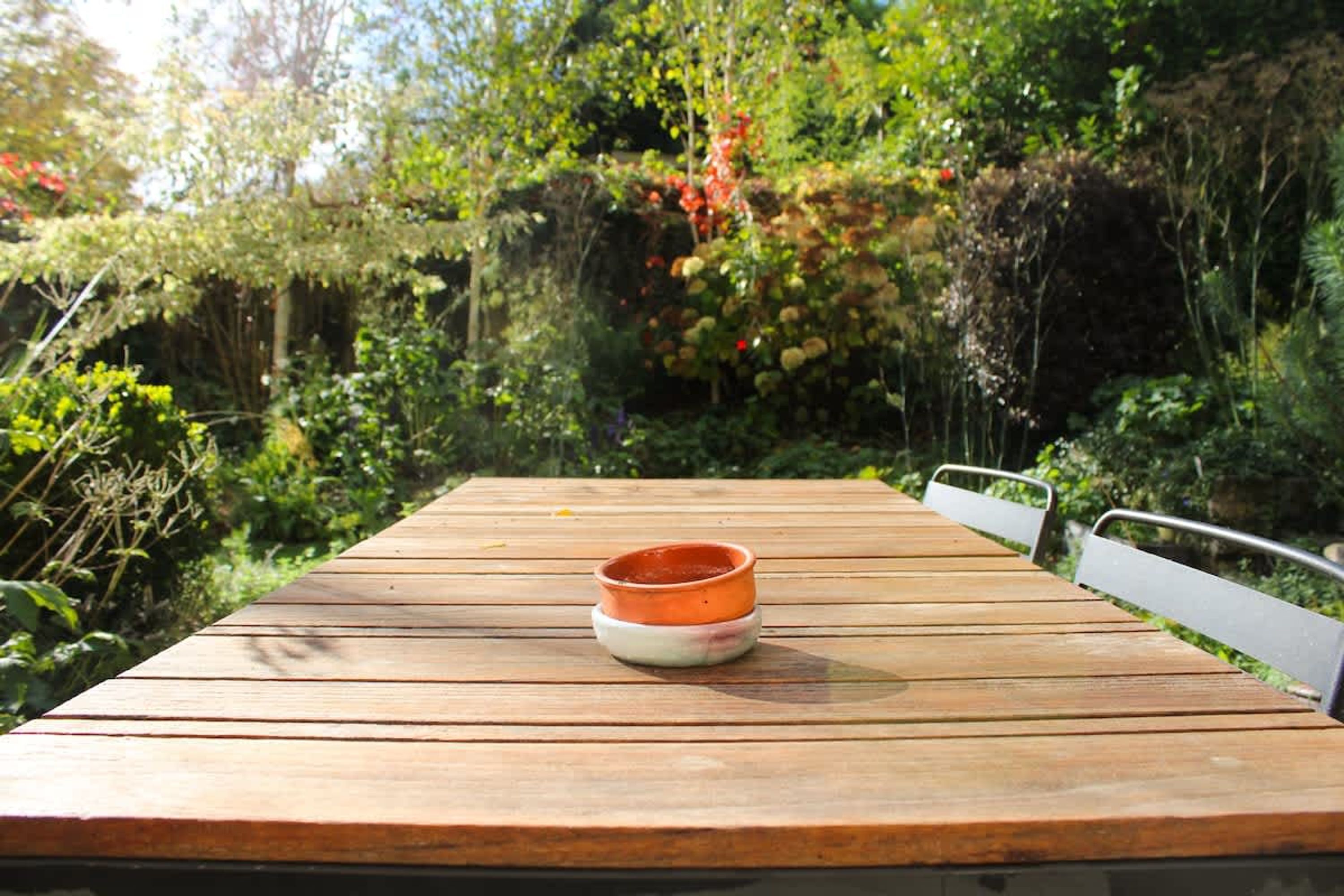 A wooden table with a bowl and a chair in a garden setting.