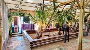 A room with a wooden floor, a large window, and a view of a building outside. - Berney Lodge - Puppy Lounge Arcades Games Room (Market Rasen)