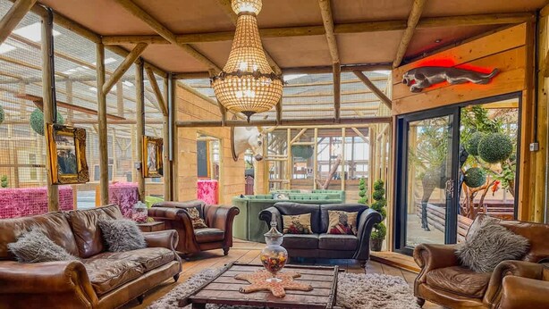 A spacious living area with leather sofas, a coffee table, and a chandelier. - Berney Lodge - Puppy Lounge Arcades Games Room (Market Rasen)