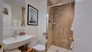 A modern bathroom with a glass-enclosed shower, a white sink, and a toilet.